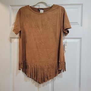 Faux Suede Fringe Short Sleeve Top